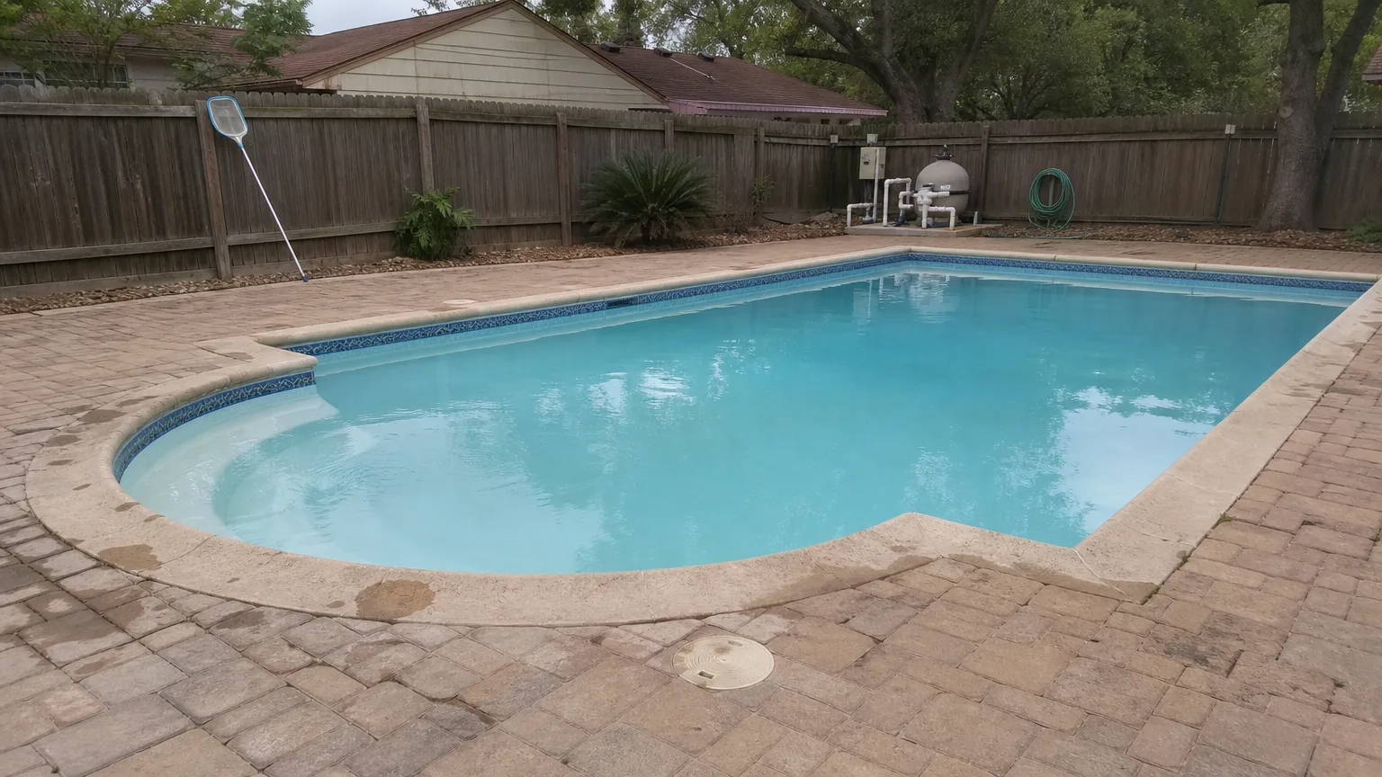 A residential Plano backyard pool on an overcast morning, viewed from the deck.