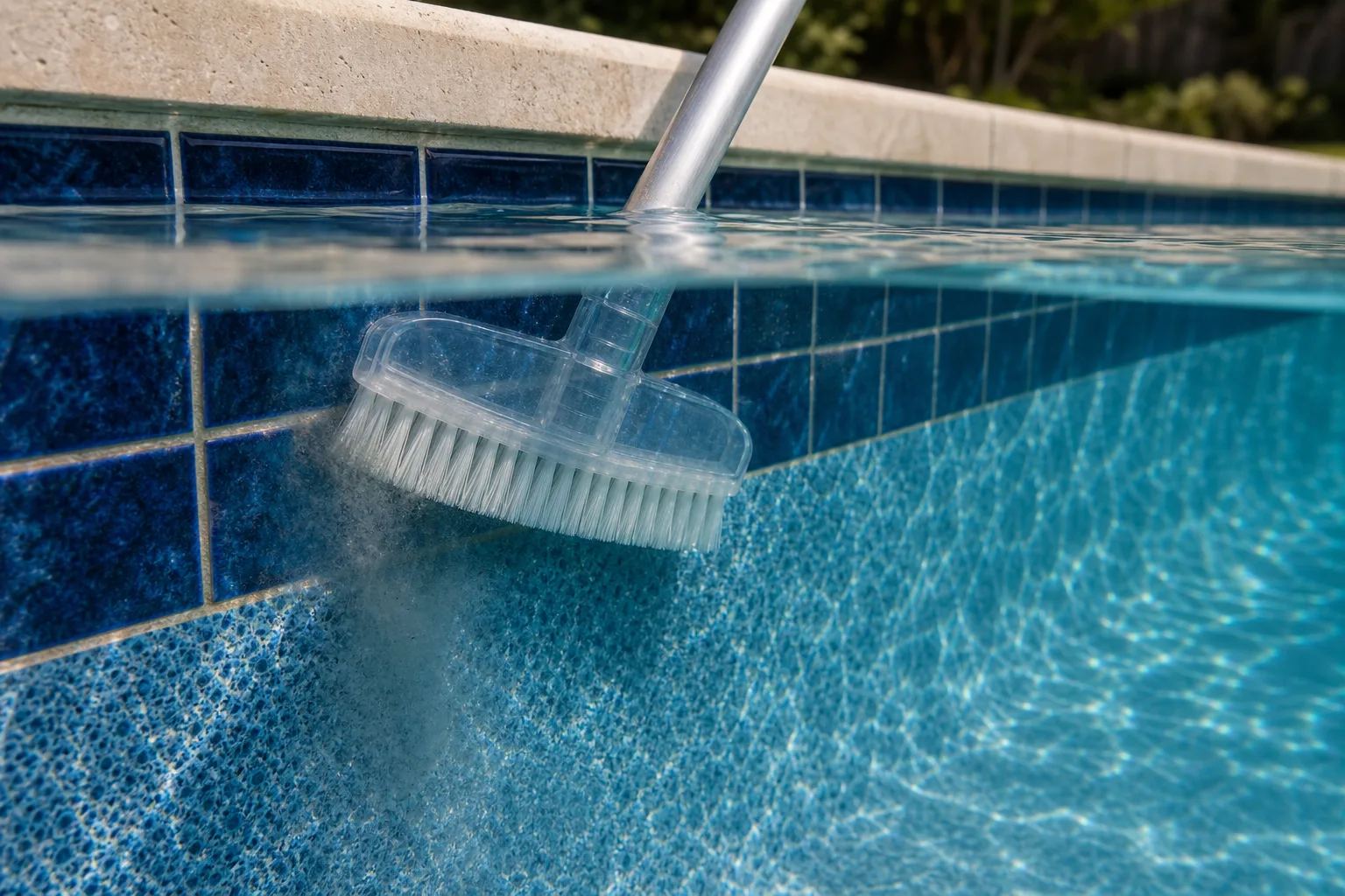 A pool technician brushing the wall of a residential pool during a weekly service visit.