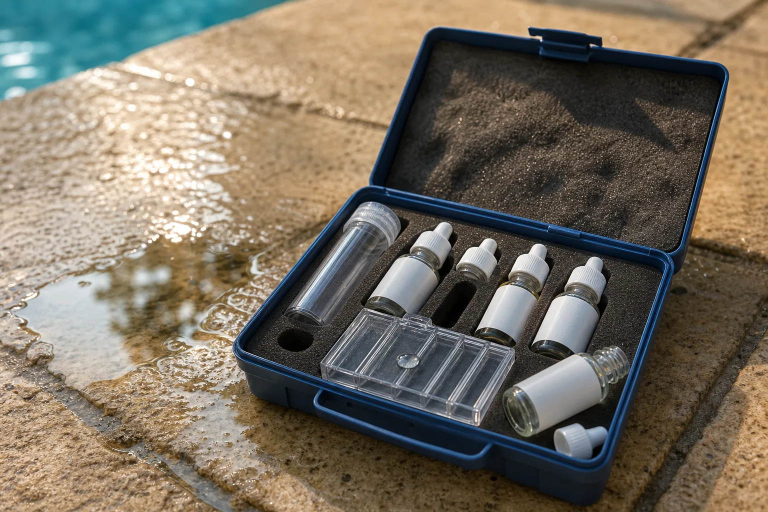 Chemical test kit open on a pool deck with dropper bottles in a case