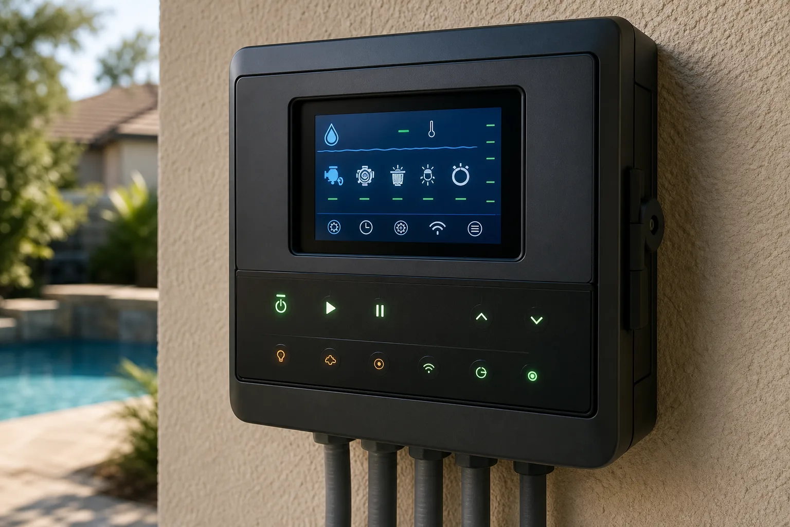 Pool equipment control panel — indicator lights and clearly labeled circuits.