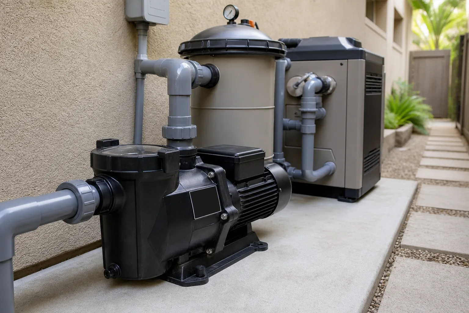 Pool pump and filter on a concrete equipment pad, recently serviced