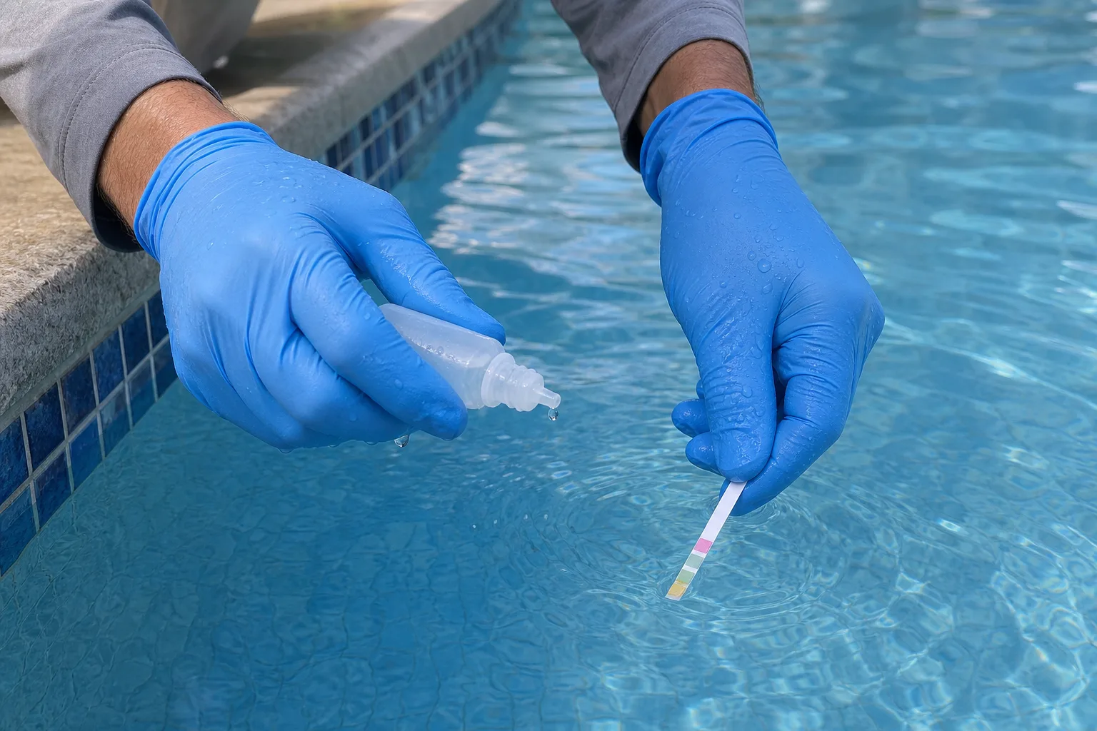 Gloved hands holding a test strip over a clean pool surface