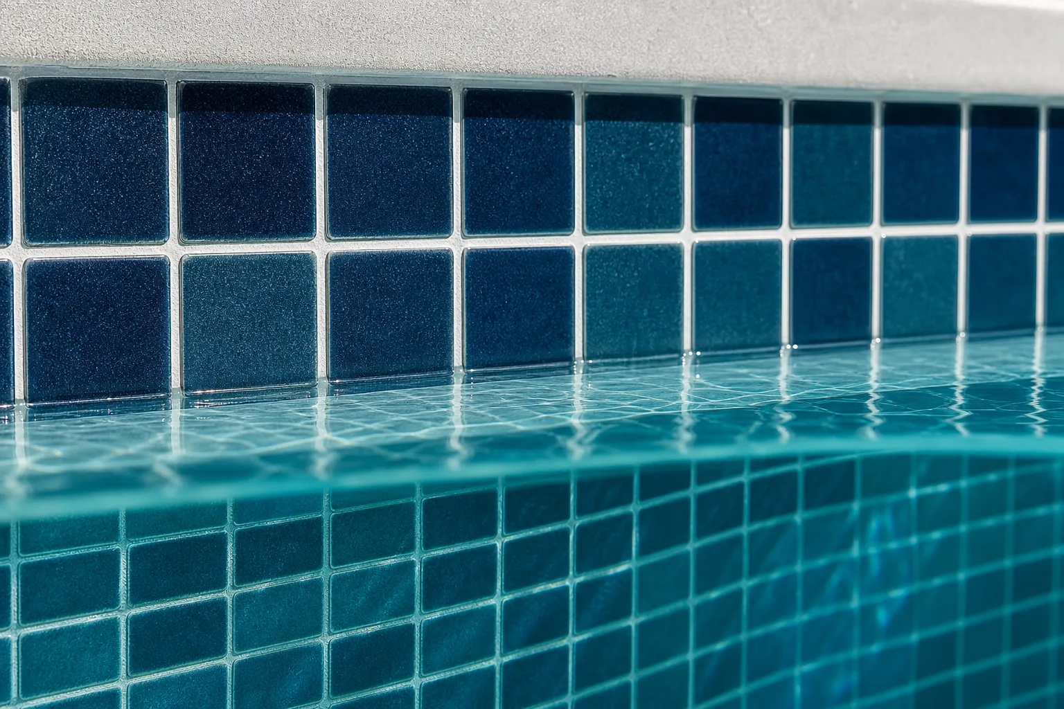 Close-up of a pool tile waterline with clean refracted sunlight on the surface