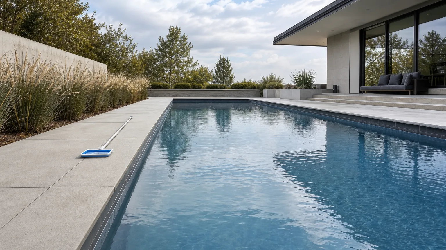 Modern rectangular pool with clean tile coping, mid-afternoon