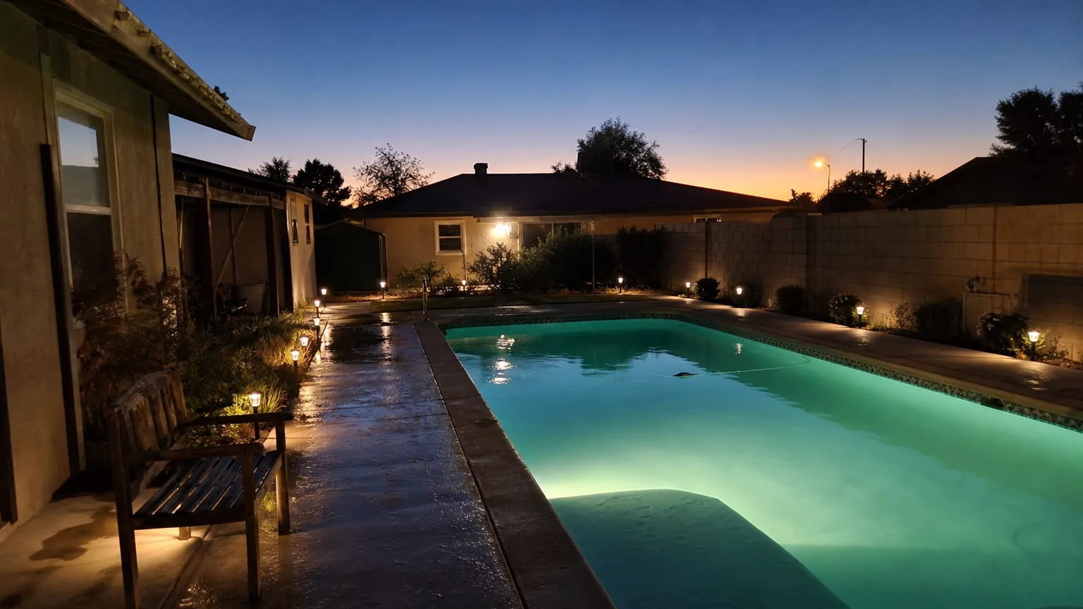 Recent residential pool build in Westover Hills, photographed at twilight